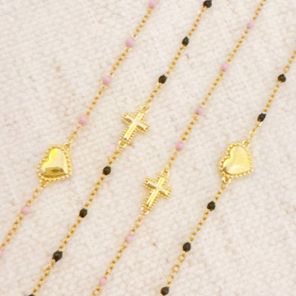 Gold Dainty Cross Chain Bracelet With Black Beads Adjustable