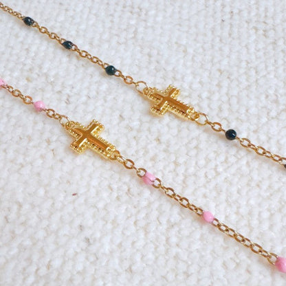 Gold Dainty Cross Chain Bracelet With Black Beads Adjustable