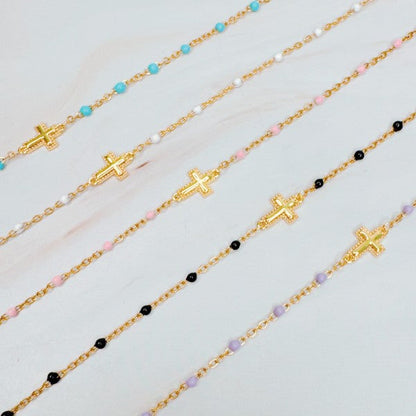 Gold Dainty Cross Chain Bracelet With Black Beads Adjustable