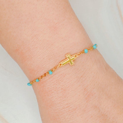 Gold Dainty Cross Chain Bracelet With Black Beads Adjustable