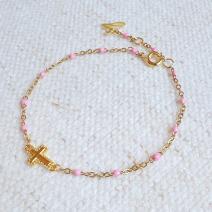 Gold Dainty Cross Chain Bracelet With Black Beads Adjustable