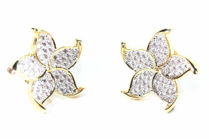 Gold Plated Flower Stud Earrings Cubic Zirconia Pave