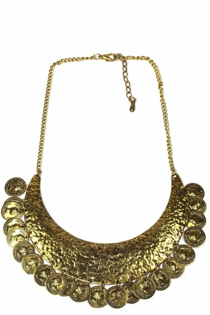 Gold Tone Coin Hammered Bib Pendant Statement Necklace