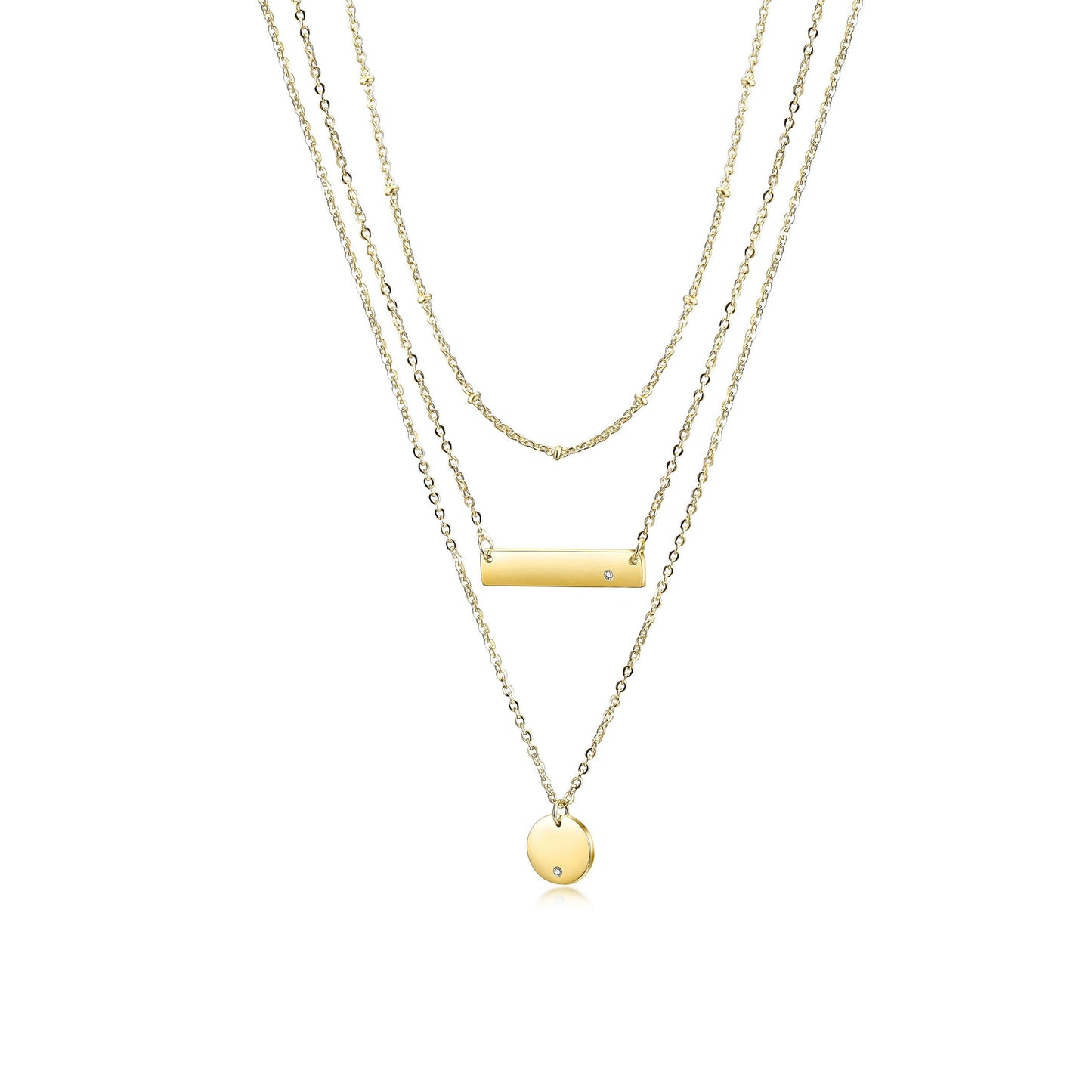 Gold Triple Layered Pendant Necklace Minimal Bar Disc