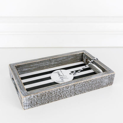 Farmhouse Modern Wooden Tray Black White Striped Decorative Serving Tray 10 x 6 x 1.5 Inch