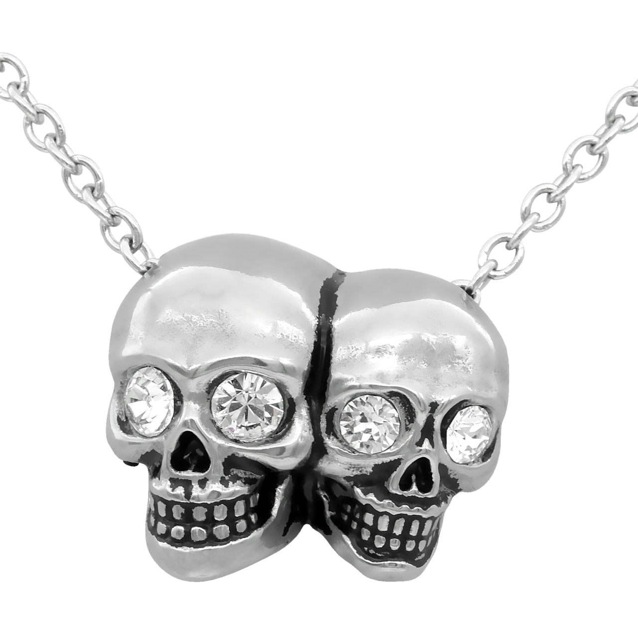 Gothic Siamese Double Skull Necklace Silver Crystal