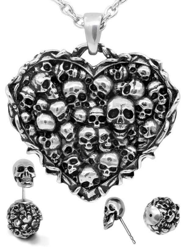 Gothic Skull Heart Necklace Earrings Set Silver Tone