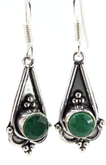 Green Cabochon Drop Earrings Vintage Silver Tone Dangle