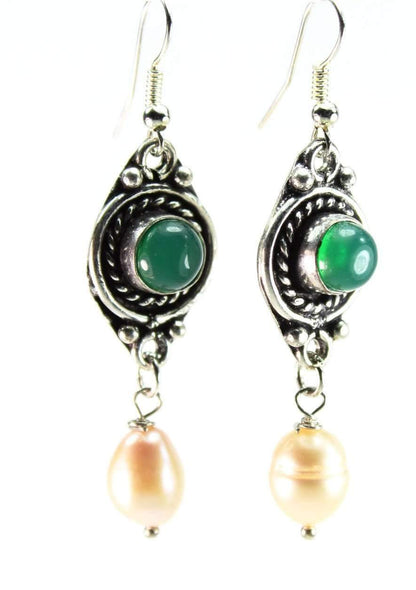 Green Chalcedony And Freshwater Pearl Drop Earrings
