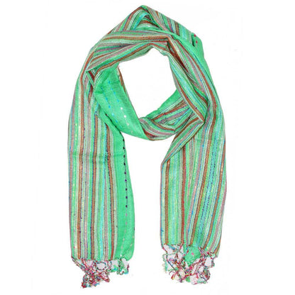 Green Lurex Cotton Striped Scarf Lightweight Fashion