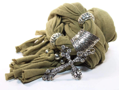 Green Rustic Cross Pendant Scarf With Rhinestone Charm