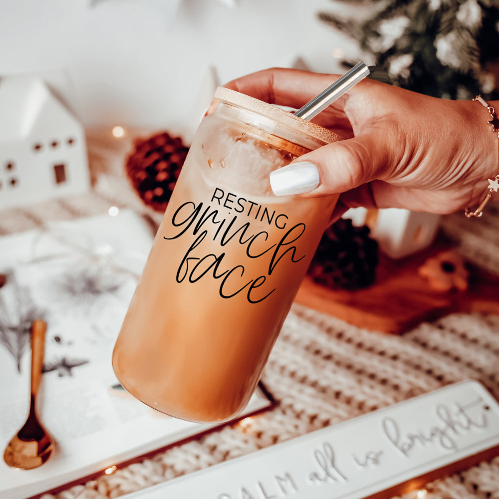 Grinch Face 17oz Glass Tumbler With Bamboo Lid and 2 Stainless Straws Holiday