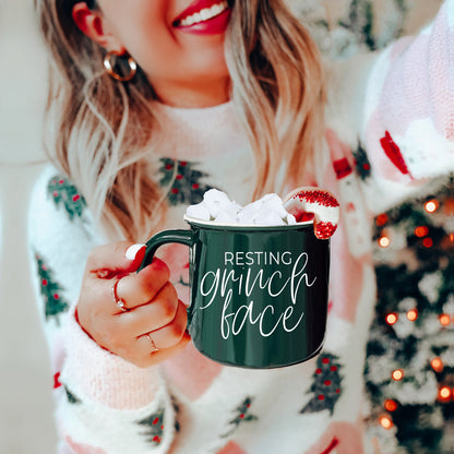 Grinch Face Mug 14.5oz Ceramic Campfire Mug Red Green Funny Holiday Coffee Cup