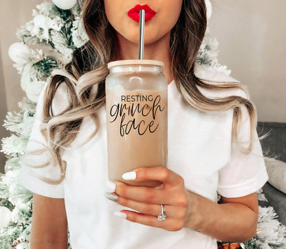 Grinch Face 17oz Glass Tumbler With Bamboo Lid and 2 Stainless Straws Holiday
