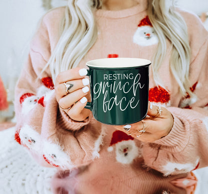 Grinch Face Mug 14.5oz Ceramic Campfire Mug Red Green Funny Holiday Coffee Cup