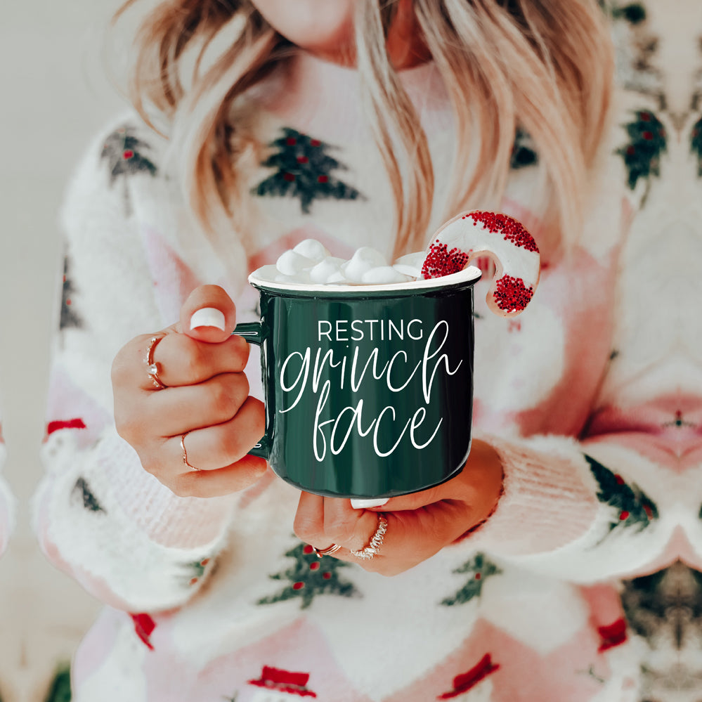 Grinch Face Mug 14.5oz Ceramic Campfire Mug Red Green Funny Holiday Coffee Cup