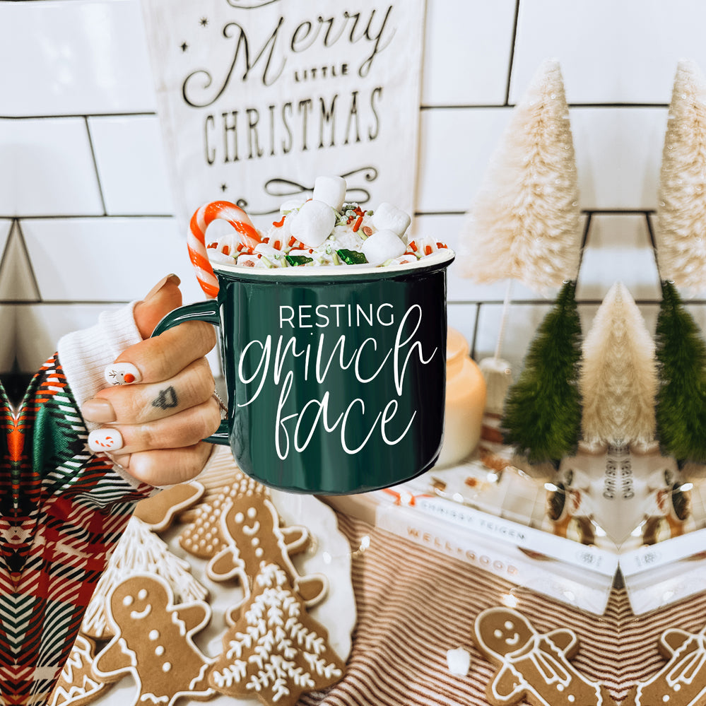 Grinch Face Mug 14.5oz Ceramic Campfire Mug Red Green Funny Holiday Coffee Cup