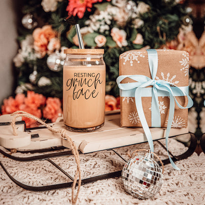 Grinch Face 17oz Glass Tumbler With Bamboo Lid and 2 Stainless Straws Holiday