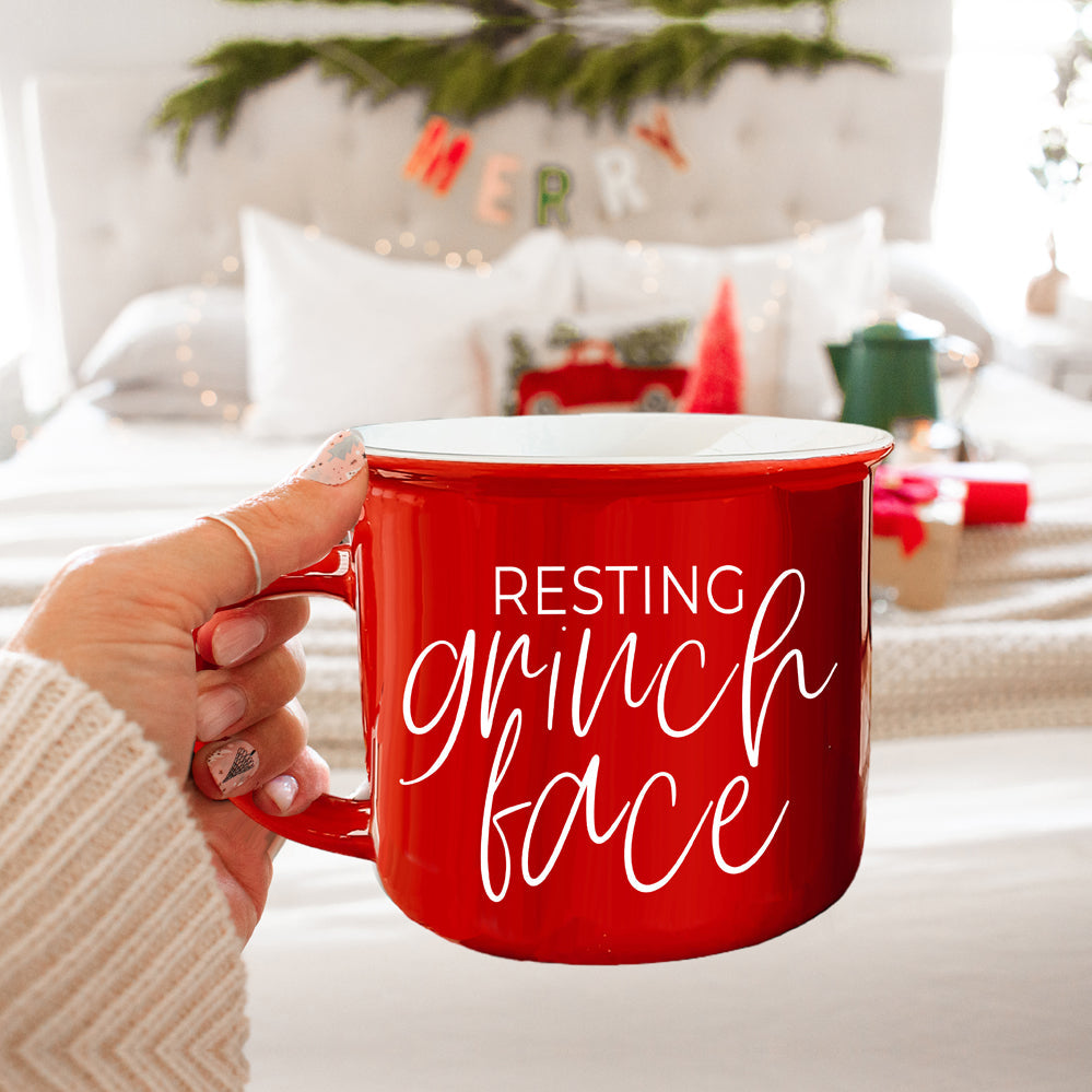 Grinch Face Mug 14.5oz Ceramic Campfire Mug Red Green Funny Holiday Coffee Cup