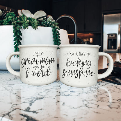 14.5oz Ceramic Campfire Mug White Sesame Glaze Speckled Ivory Black Lettering Design Both Sides Gift