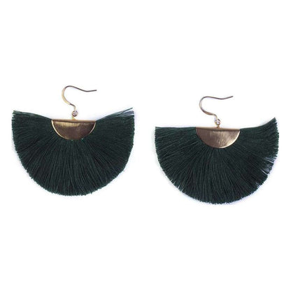 Half Moon Fan Tassel Earrings Boho Cotton Brass Lightweight Fringe Drop 3in