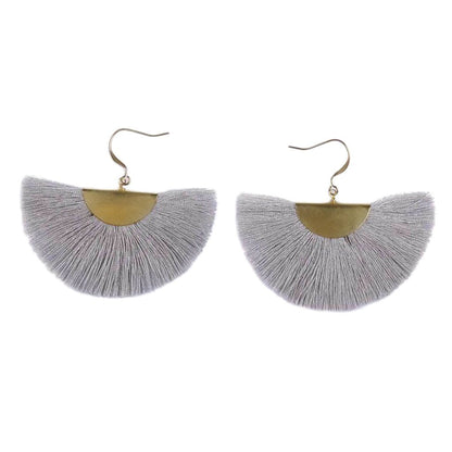Half Moon Fan Tassel Earrings Boho Cotton Brass Lightweight Fringe Drop 3in
