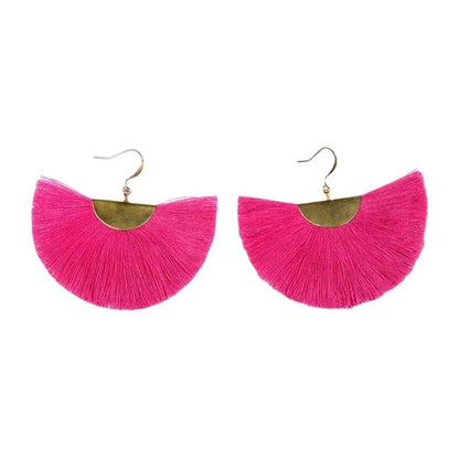 Half Moon Fan Tassel Earrings Boho Cotton Brass Lightweight Fringe Drop 3in