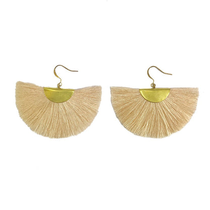 Half Moon Fan Tassel Earrings Boho Cotton Brass Lightweight Fringe Drop 3in
