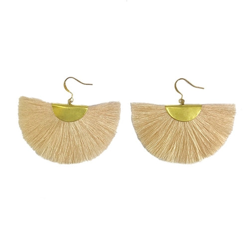 Half Moon Fan Tassel Earrings Boho Cotton Brass Lightweight Fringe Drop 3in