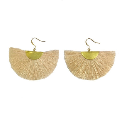 Half Moon Fan Tassel Earrings Boho Cotton Brass Lightweight Fringe Drop 3in