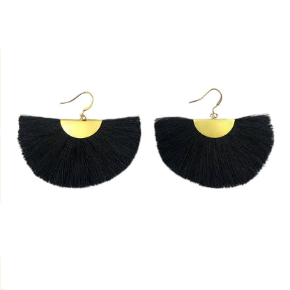 Half Moon Fan Tassel Earrings Boho Cotton Brass Lightweight Fringe Drop 3in