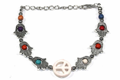 Hamsa Hand Peace Bracelet Adjustable Beaded Silver Charm