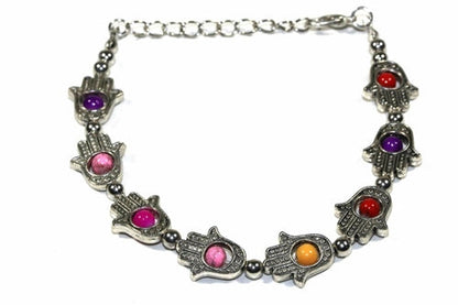 Hamsa Red Beaded Bracelet Adjustable Silver Tone Protection