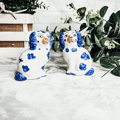 Staffordshire Dog Salt And Pepper Shakers Ceramic Hand-Painted Blue White