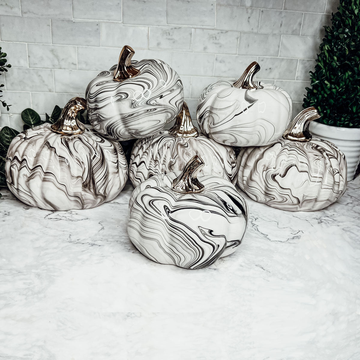 Black Marble Pumpkin Gold Stem Handcrafted Luxury Halloween Decor Accent
