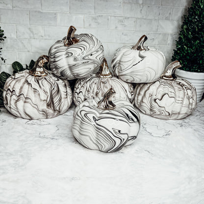 Black Marble Pumpkin Gold Stem Handcrafted Luxury Halloween Decor Accent