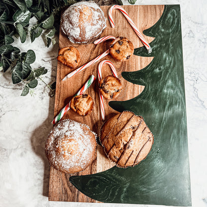 Christmas Charcuterie Serving Board Wood Resin Handcrafted Marbled Tree Inlay