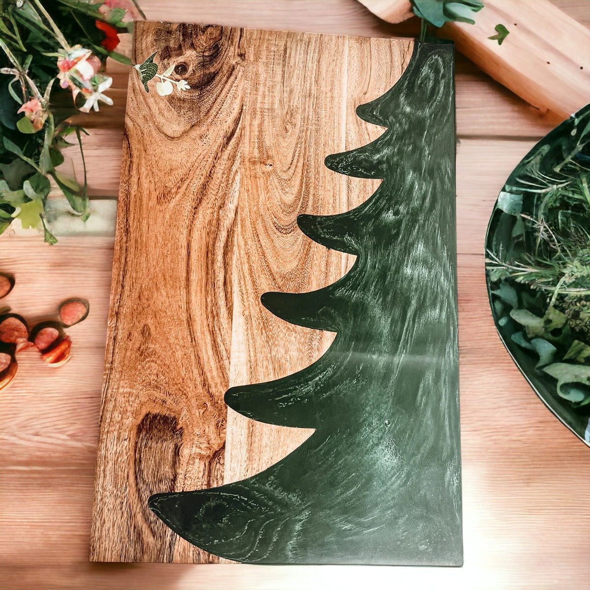 Christmas Charcuterie Serving Board Wood Resin Handcrafted Marbled Tree Inlay