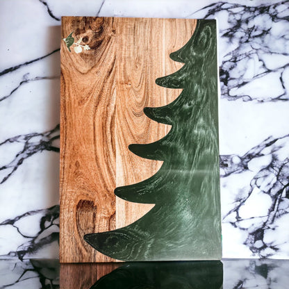 Christmas Charcuterie Serving Board Wood Resin Handcrafted Marbled Tree Inlay