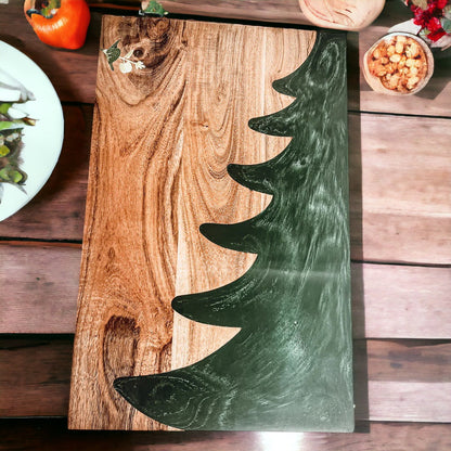 Christmas Charcuterie Serving Board Wood Resin Handcrafted Marbled Tree Inlay