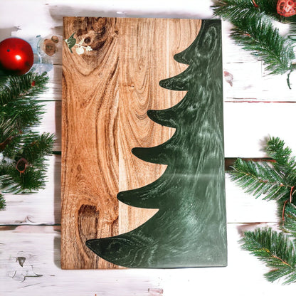 Christmas Charcuterie Serving Board Wood Resin Handcrafted Marbled Tree Inlay