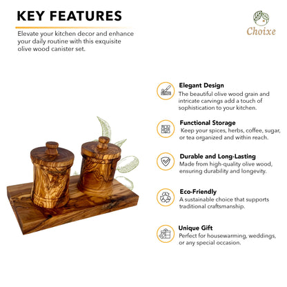 Olive Wood Canister Set - Handcrafted Kitchen Storage Jars With Carved Detail