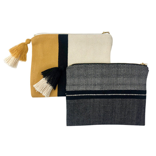 Handloom Stripe Cosmetic Bag Woven Pom Pom Tassel Lined Wristlet Makeup Clutch