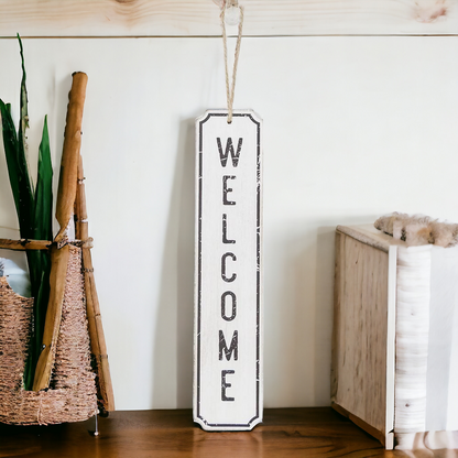 Wooden Welcome Hanging Sign Door Decor White Black Farmhouse Rustic 12 x 2.5 in
