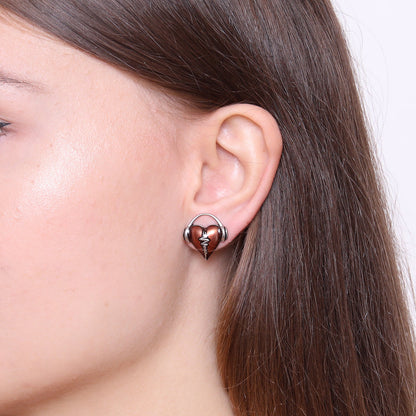 Heartbeat Stud Earrings Red Enamel Silver Minimalist