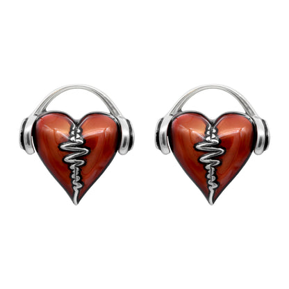 Heartbeat Stud Earrings Red Enamel Silver Minimalist