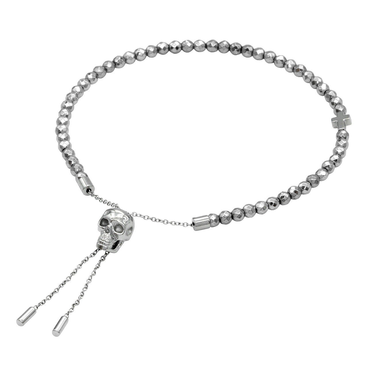 Hematite Skull Beaded Pull Chain Bracelet Silver Tone
