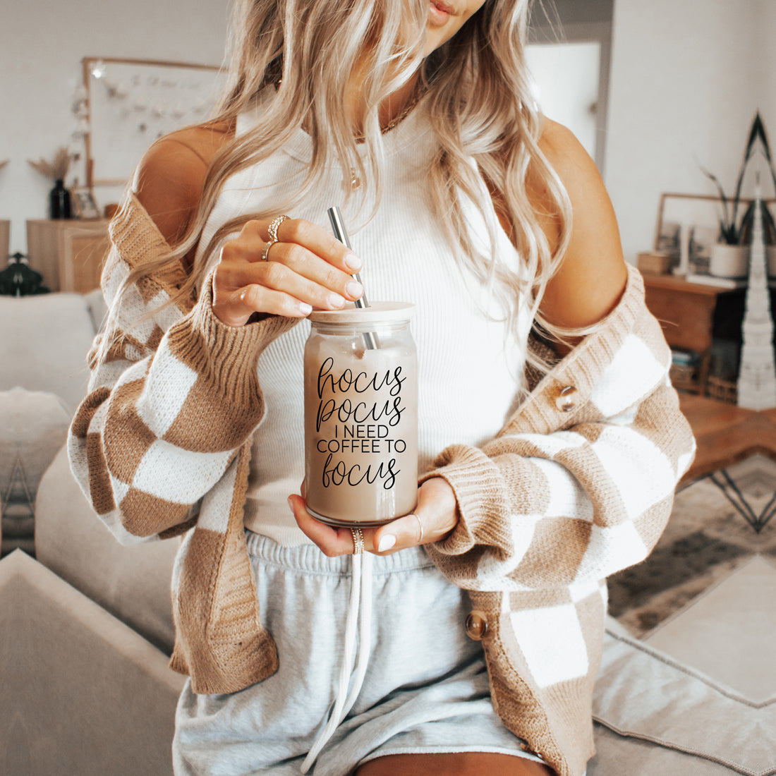 Hocus Pocus 17oz Glass Tumbler Bamboo Lid, Stainless Straws, Coffee Quote