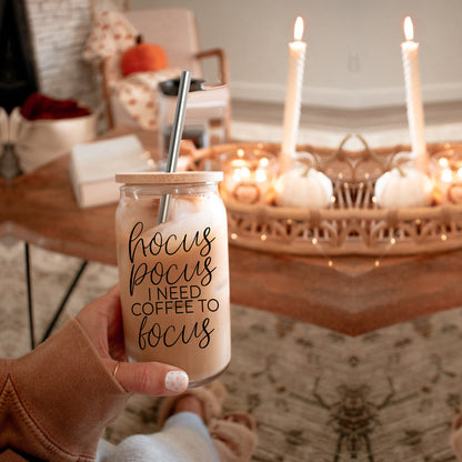 Hocus Pocus 17oz Glass Tumbler Bamboo Lid, Stainless Straws, Coffee Quote