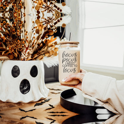 Hocus Pocus 17oz Glass Tumbler Bamboo Lid, Stainless Straws, Coffee Quote